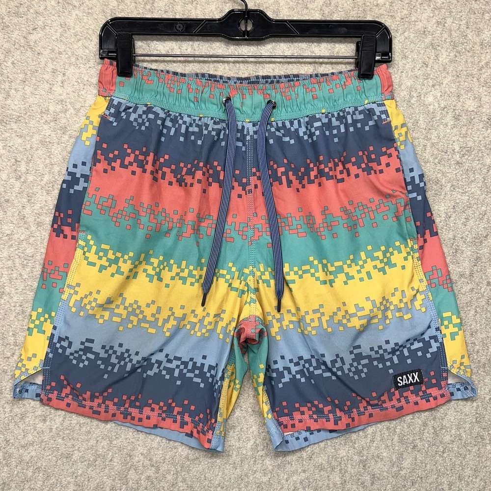 SAXX Oh Buoy 2N1 Swim Trunks Mens Small Multicolor Pixel Print‎ Lined Shorts